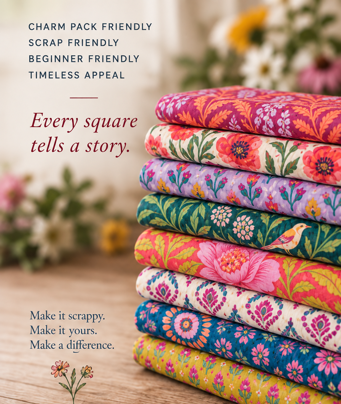 A stack of folded floral quilting cottons — every square tells a story