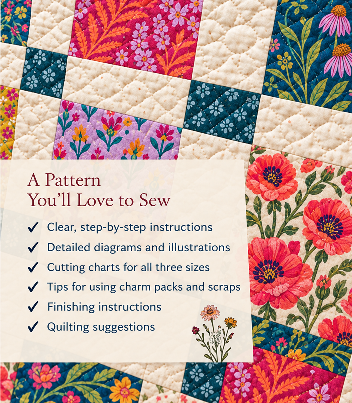 List of what the pattern includes — step-by-step instructions, diagrams, cutting charts for all three sizes, finishing and quilting guidance