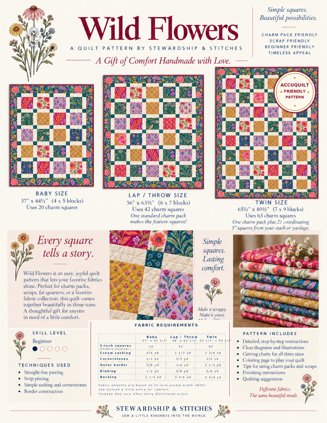 Pattern information sheet — the three size layouts with finished measurements, fabric requirements and skill level