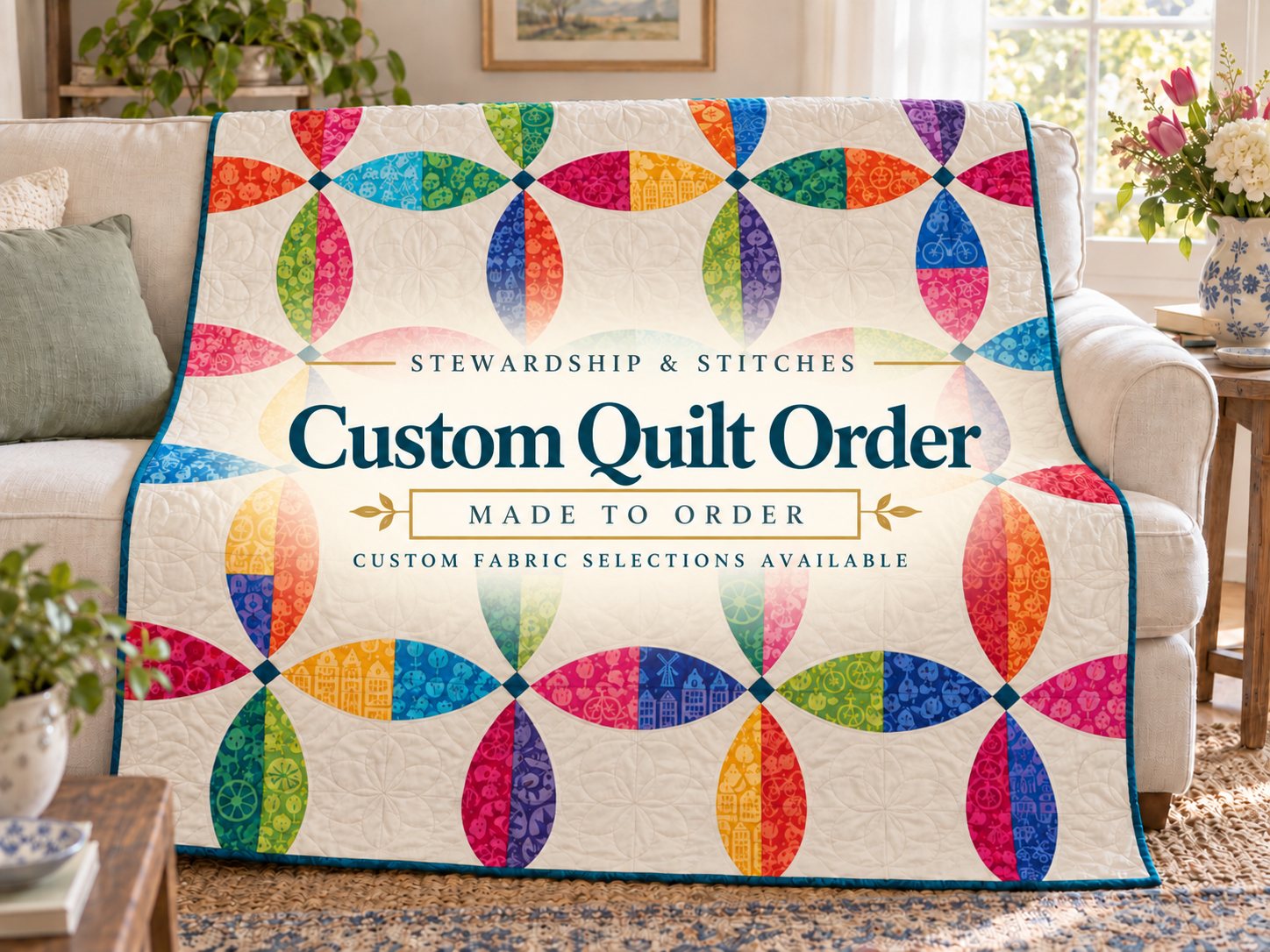 A custom quilt made to order after a design consultation with Stewardship & Stitches