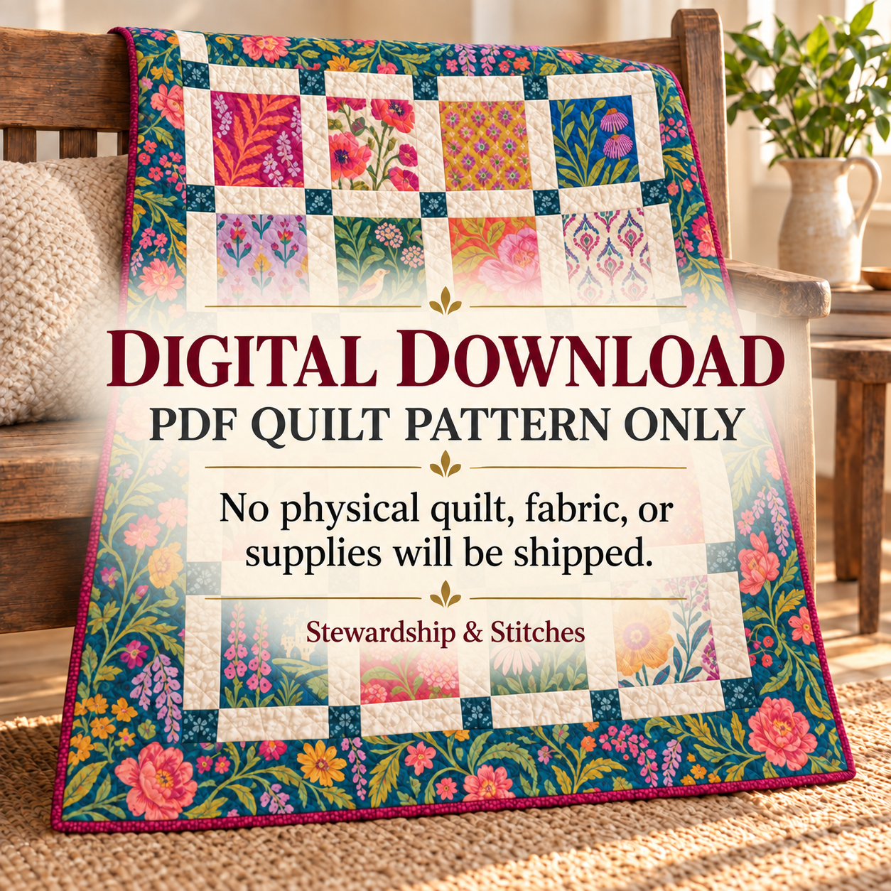 Digital download notice — this listing is a PDF quilt pattern only, no physical quilt, fabric or supplies are shipped