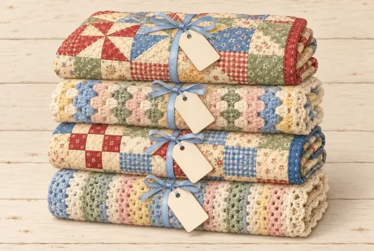 A stack of four folded handmade blankets — two patchwork quilts and two crocheted throws — each tied with a blue ribbon and a blank gift tag