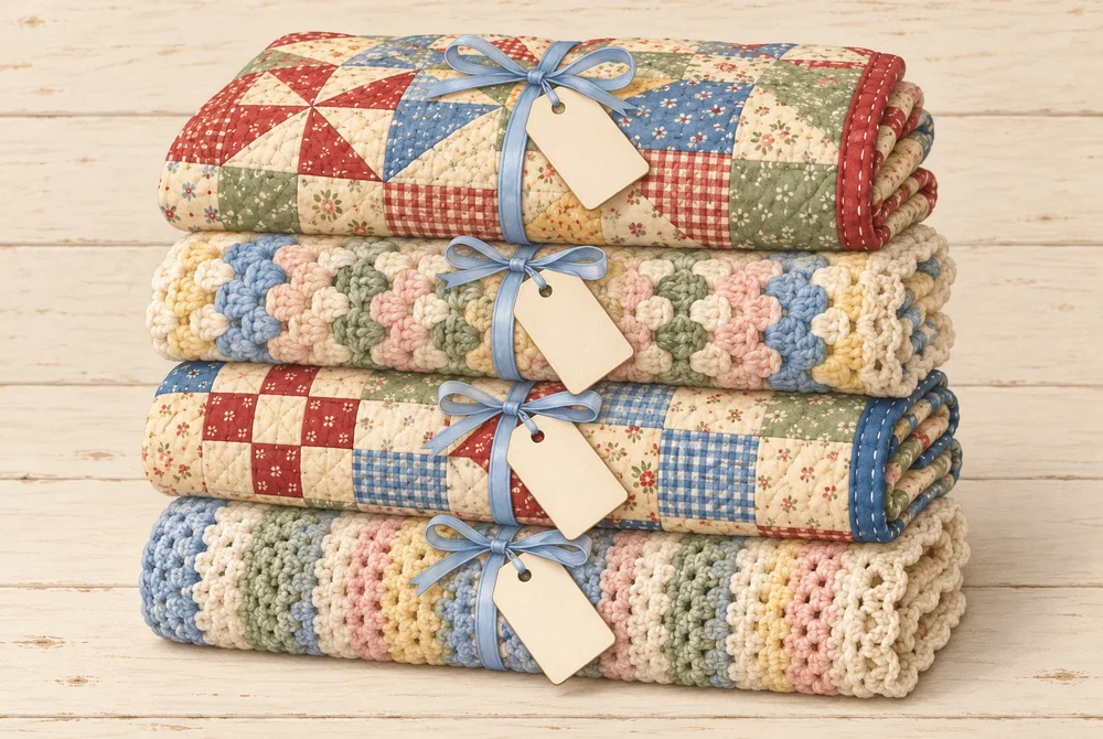 Illustration of four folded handmade blankets tied with ribbon