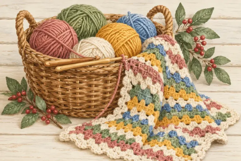 A wicker basket of yarn in rose, green, gold, blue and cream with two wooden crochet hooks, beside a partly finished granny-stripe blanket