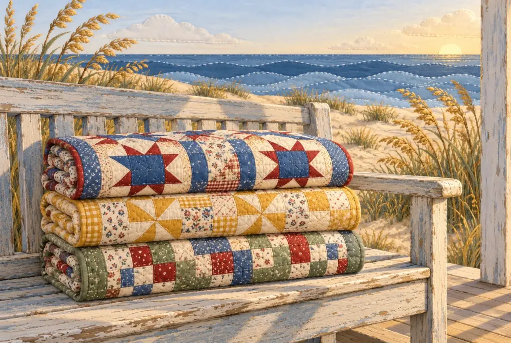 Illustration of handmade quilts stacked on a porch bench above the Gulf shoreline