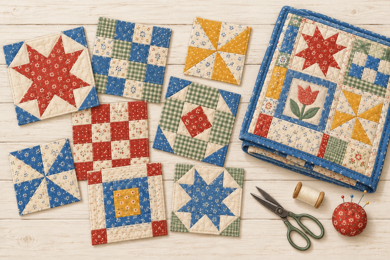Illustration of a sewing table flat lay with quilt squares, scissors and thread