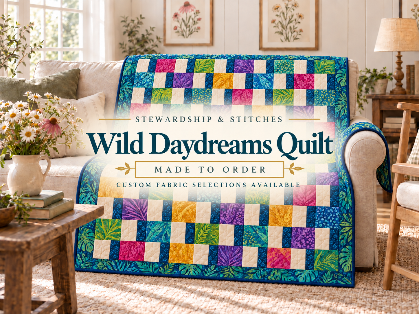 Wild Daydreams made-to-order quilt — bright two-fabric blocks with a contrasting stripe, made to order in your choice of fabrics