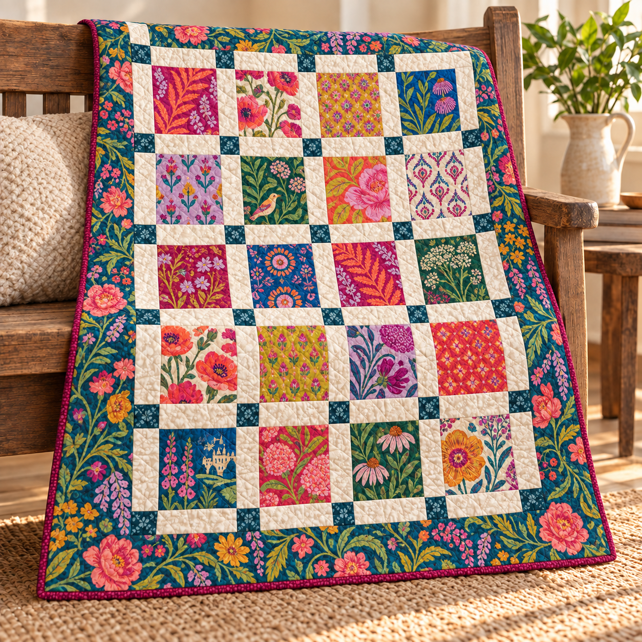 The Wild Flowers quilt made in large-scale florals on a dark ground