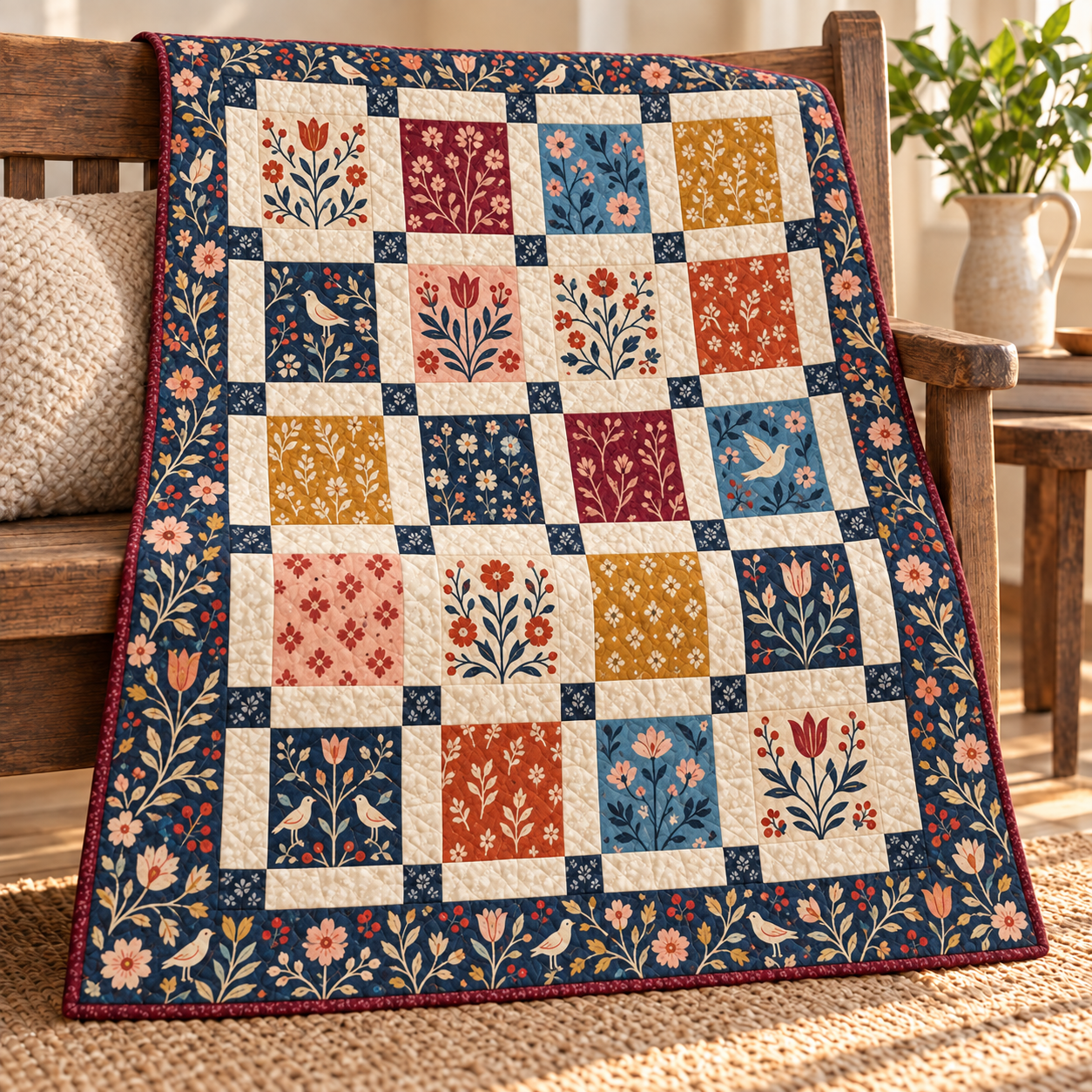 The Wild Flowers quilt made in folk-art florals on a navy ground