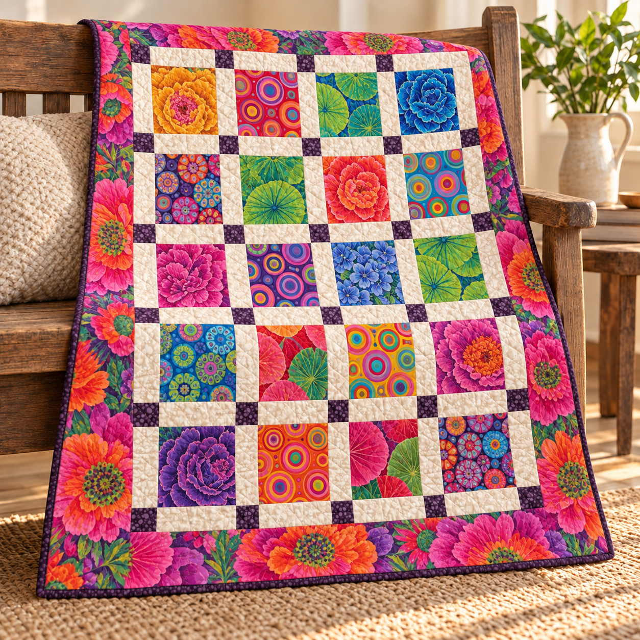 The Wild Flowers quilt made in bold hot-pink large-scale blooms