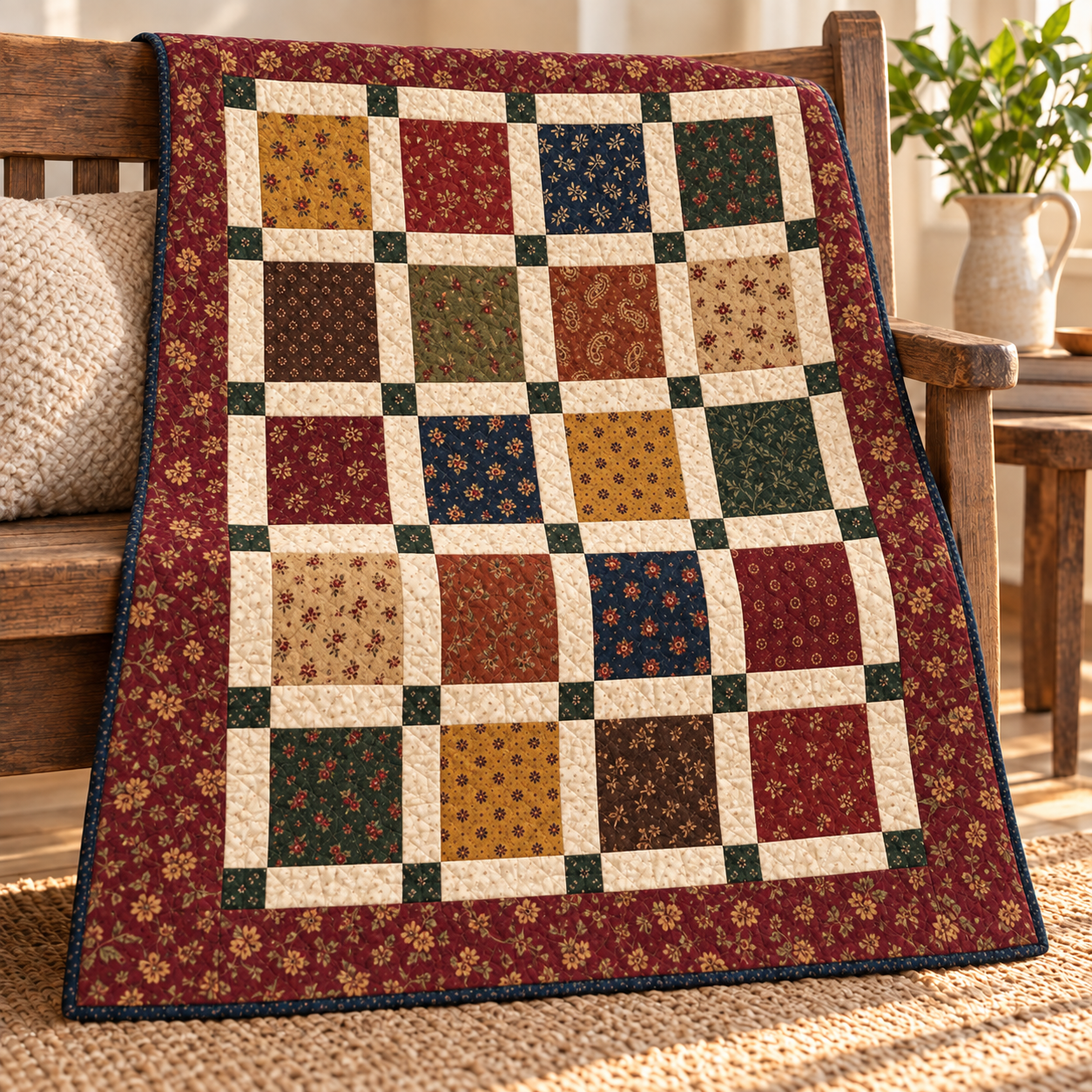 The Wild Flowers quilt made in warm reproduction prints — deep red, cream and forest green